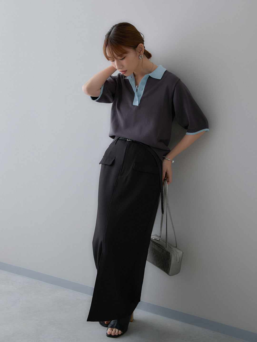 [SET]クールタッチバイカラーハーフニットポロ+クレープデシンフラップ付きストレートスカート(2set)