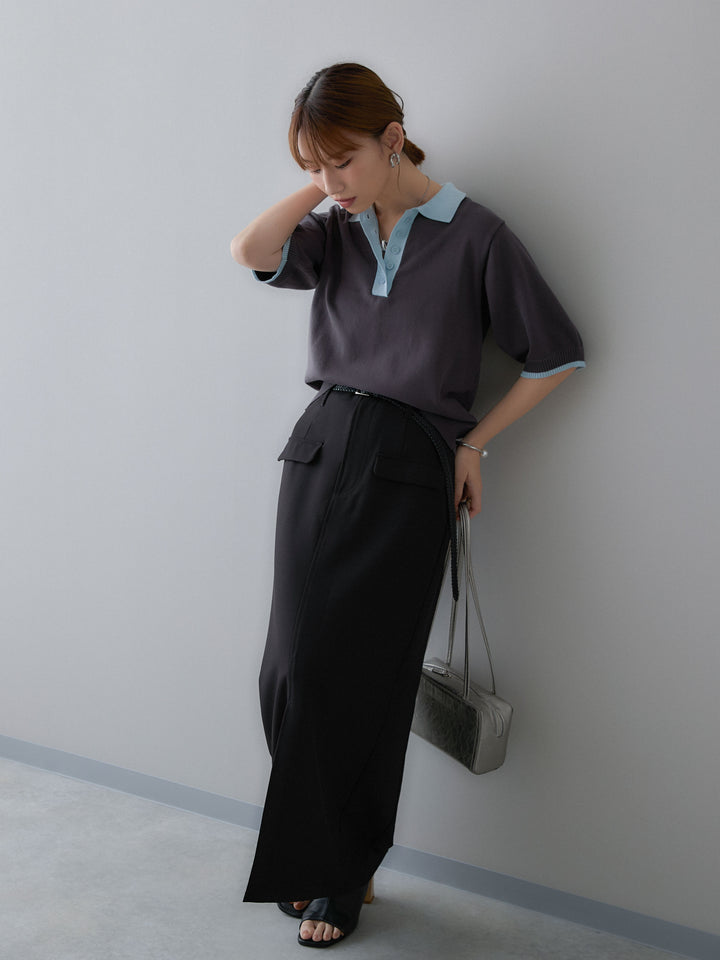 [SET]クールタッチバイカラーハーフニットポロ+クレープデシンフラップ付きストレートスカート(2set)