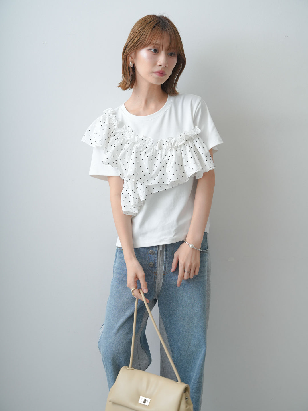 [SET]ドットギャザーフリルデザインTEE+デニム切替スウェットパンツ(2set)