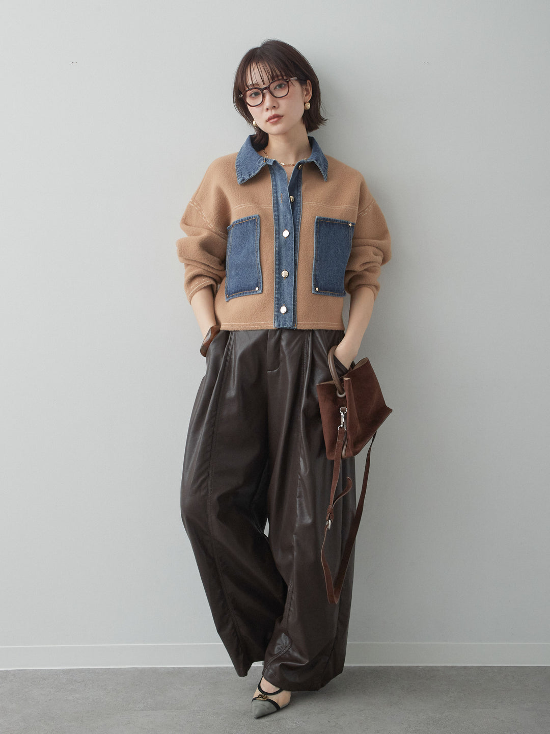[SET]デニムコンビスムースニットジャケット+フェイクレザーワイドパンツ(2set)