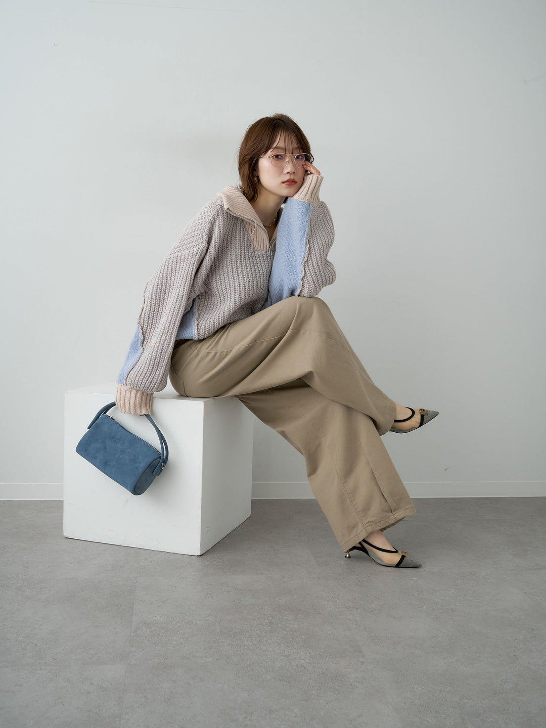 [予約]バイカラーハーフジップリブニットトップス/beige