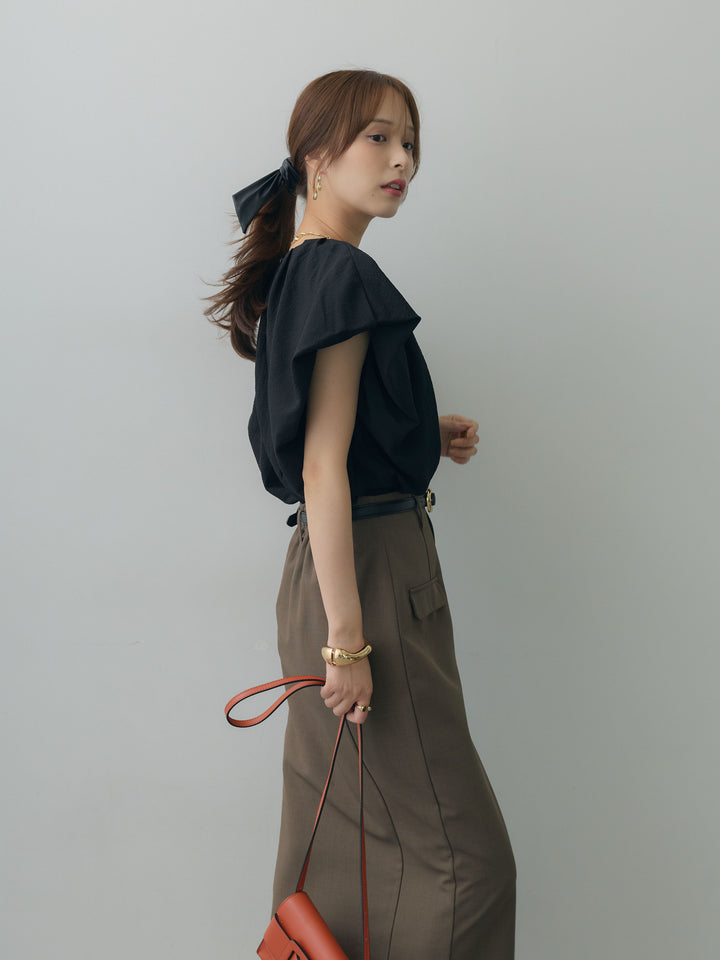 [SET]フレンチタックバルーンブラウス+クレープデシンフラップ付きストレートスカート(2set)