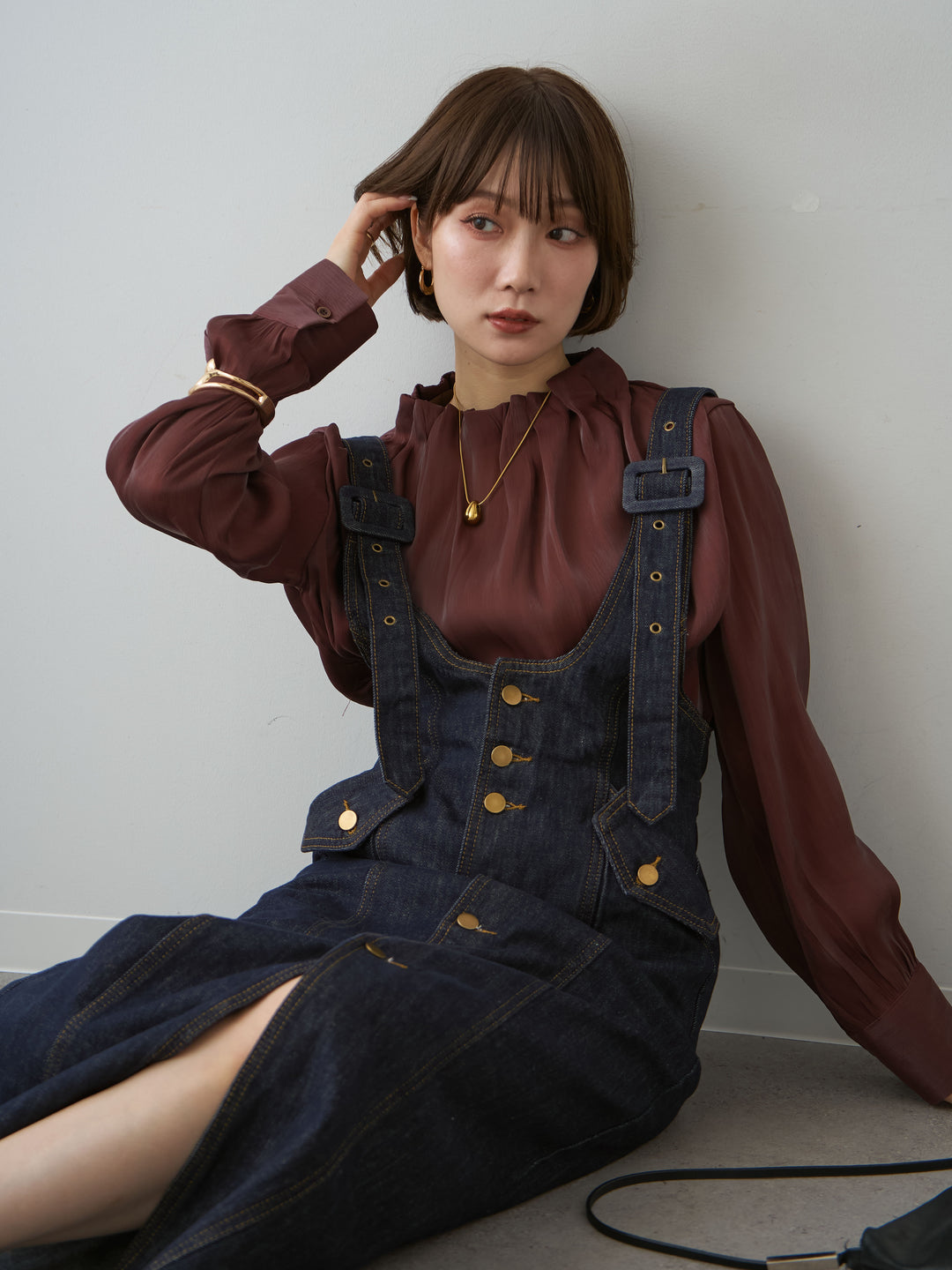 [SET]ネックギャザーシャイニーブラウス+選べるアクセセット(2set)