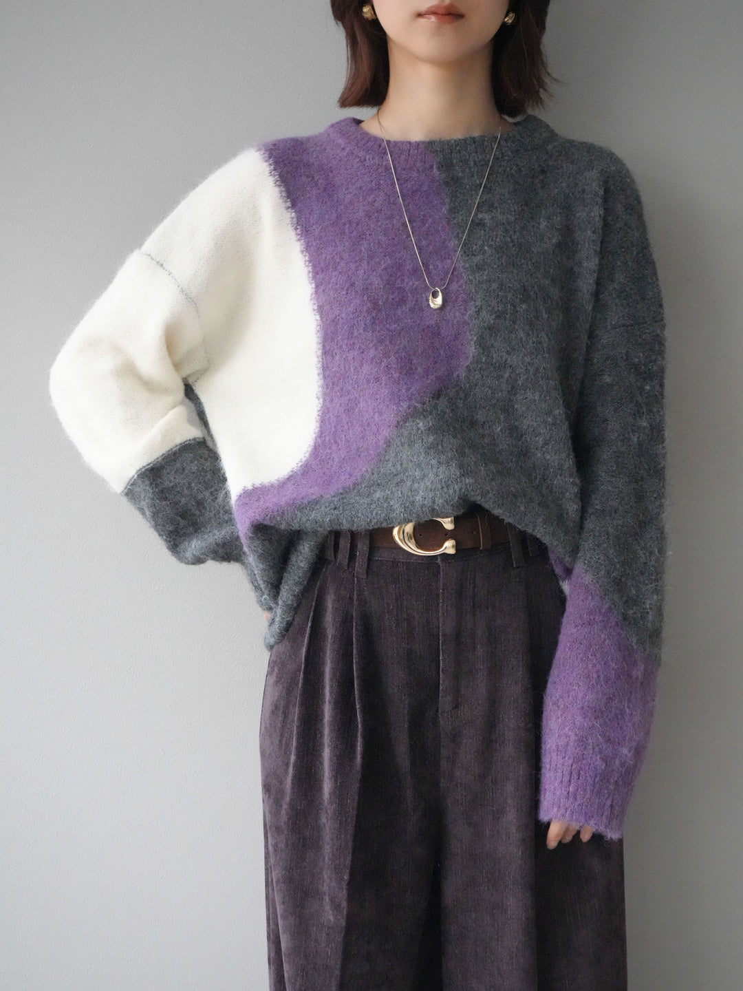 [予約]ウェーブバイカラーニット/purple