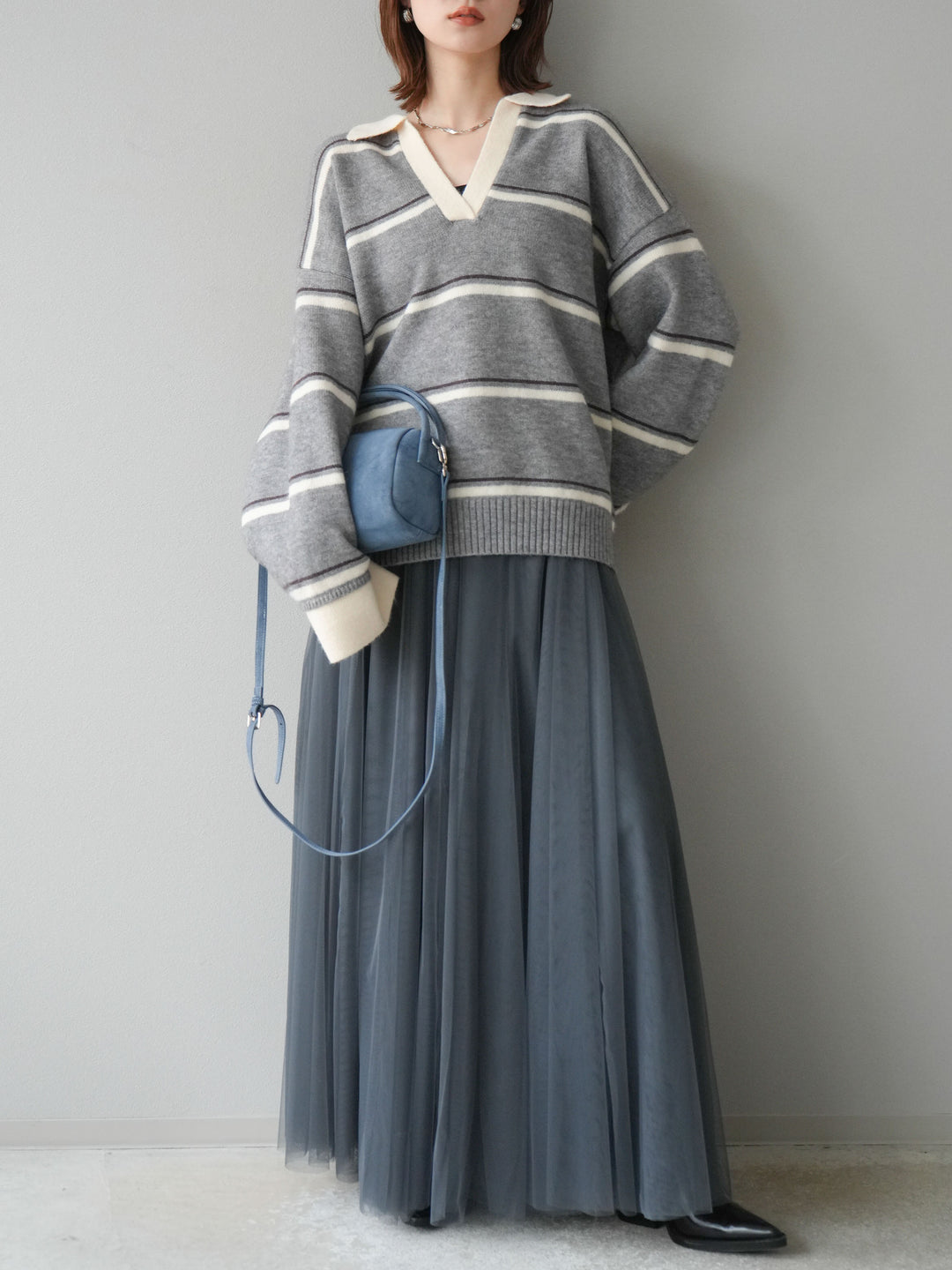 [SET]ポロ襟スキッパーボーダーニットプルオーバー+チュールボリュームスカート(2set)