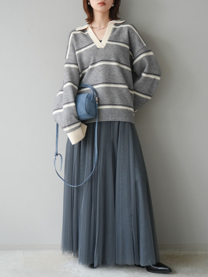 [SET]ポロ襟スキッパーボーダーニットプルオーバー+チュールボリュームスカート(2set)