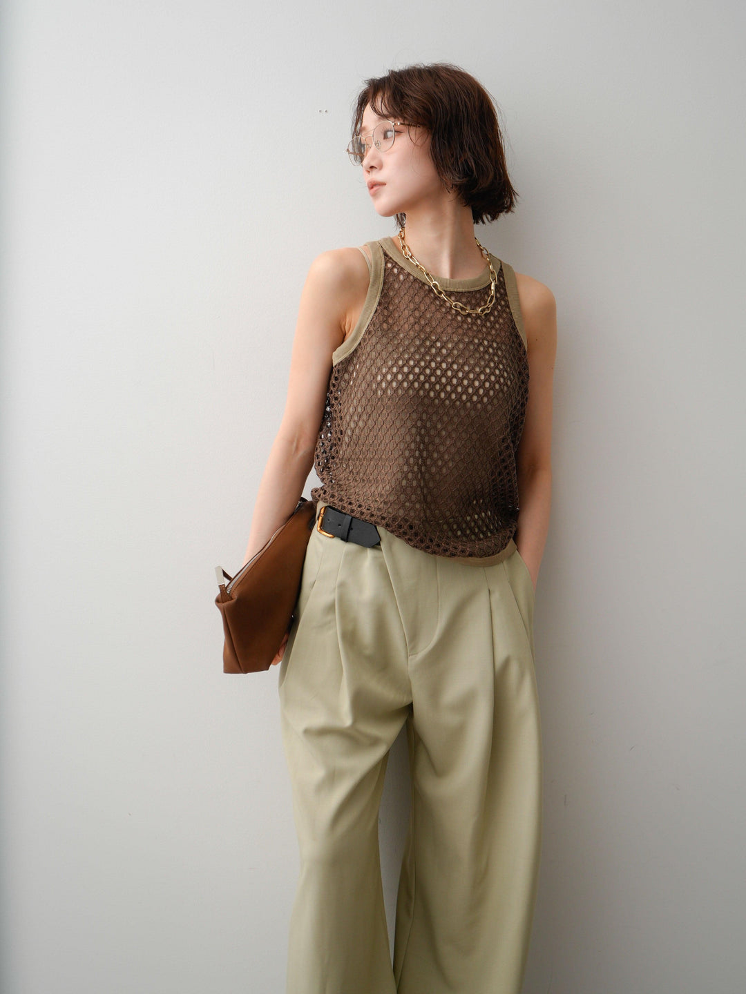 [予約]リブトリムメッシュアメスリトップス/brown