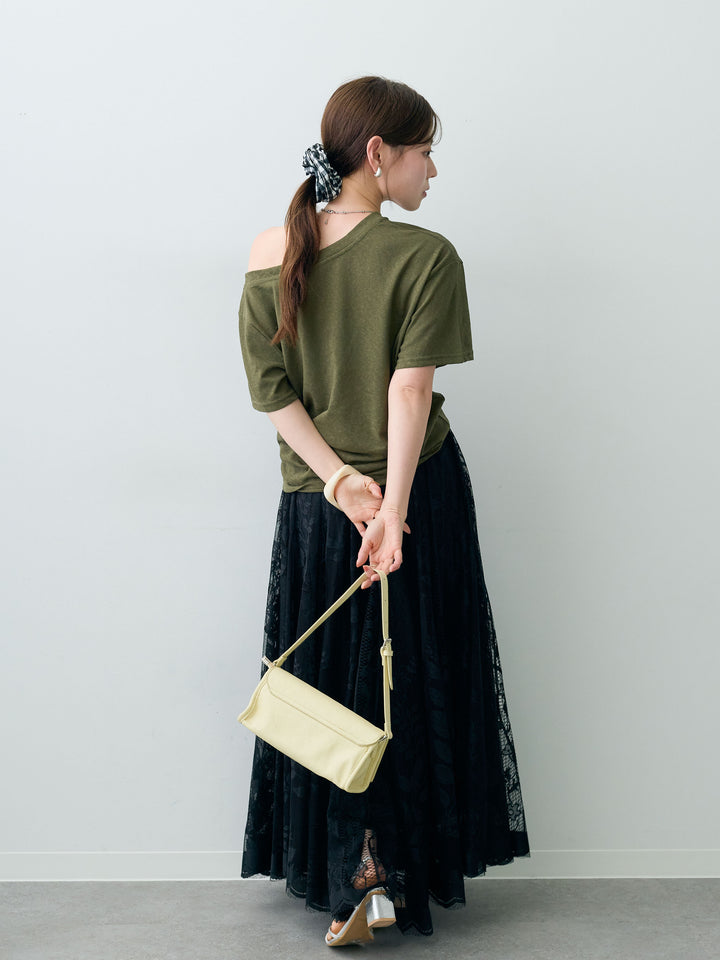 [SET]ワイドネックプリントTEE+ボタニカルパネルレースフレアスカート(2set)