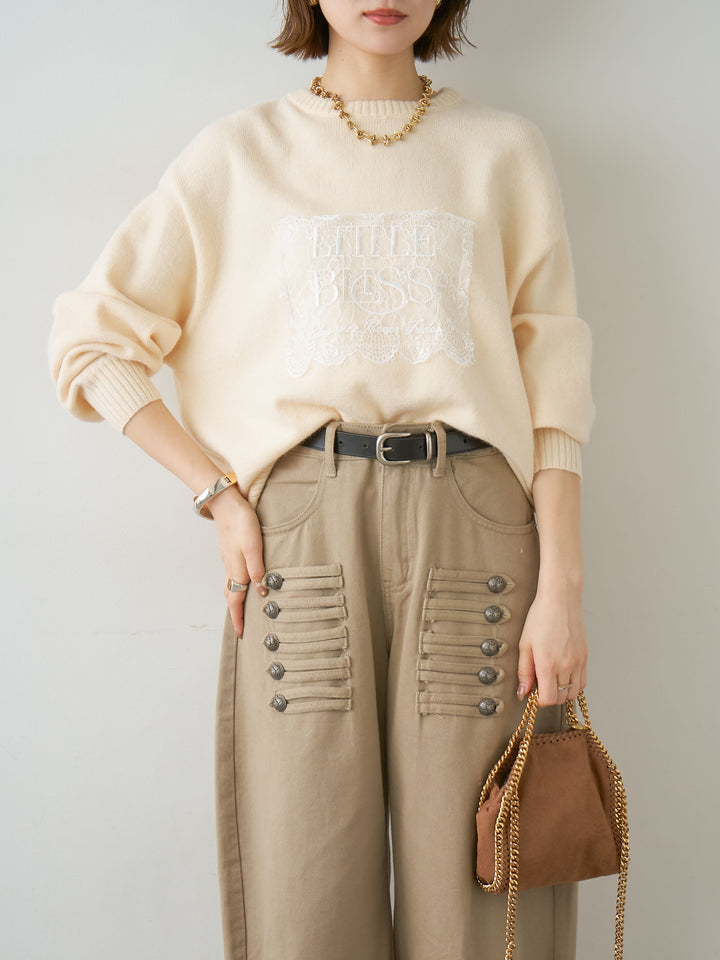 [予約]アルパカタッチ刺繍レースロゴニットプルオーバー/ivory