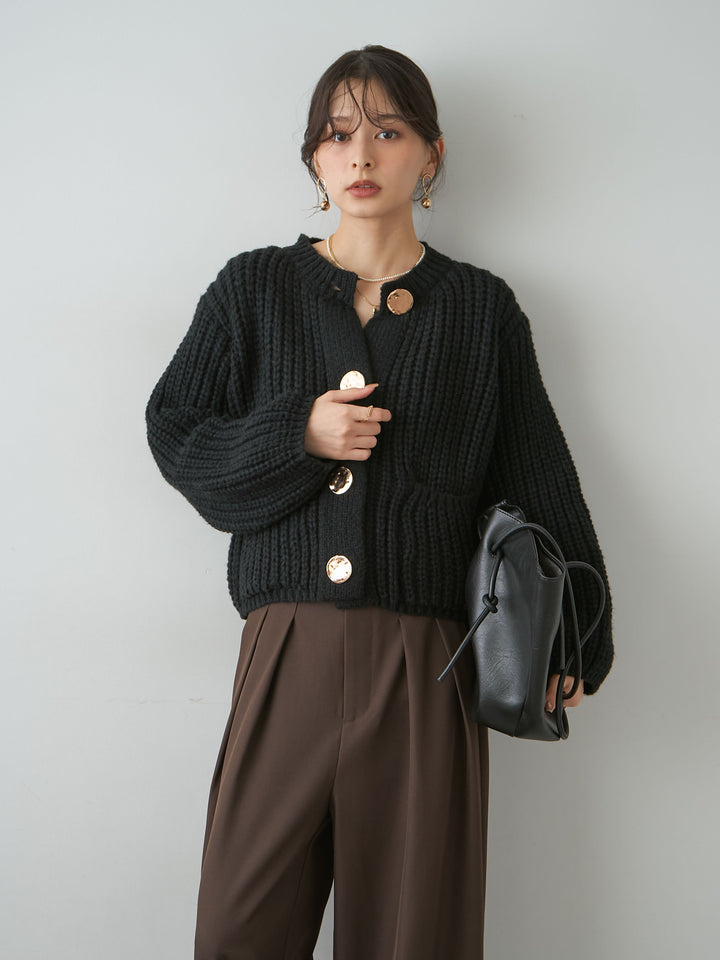 [SET]ビッグゴールドボタンリブニットカーディガン+ツイルタックワイドパンツ(2set)