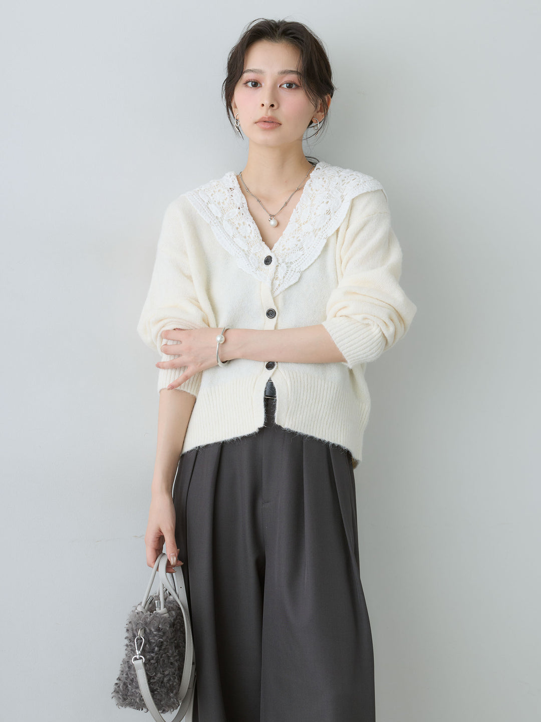 [SET]モヘアレースショールカラーカーディガン+ツイルタックワイドパンツ(2set)
