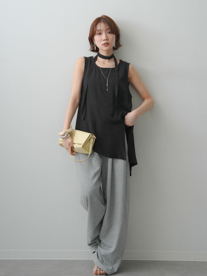 [SET]タイ付アシメヘムノースリトップス+リラックスドレープスウェットパンツ(2set)