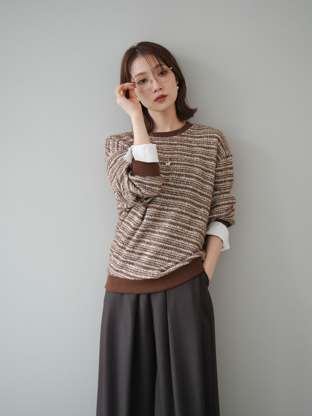 [予約]MIXツイードライクカフスドッキングプルオーバー/brown