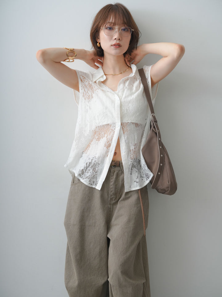 [予約]シアーフラワーレースノースリブラウス/white