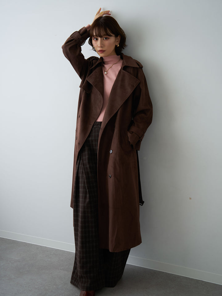 [SET]スウェードタッチロングトレンチコート+チェックサイドベルトデザインタックパンツ(2set)