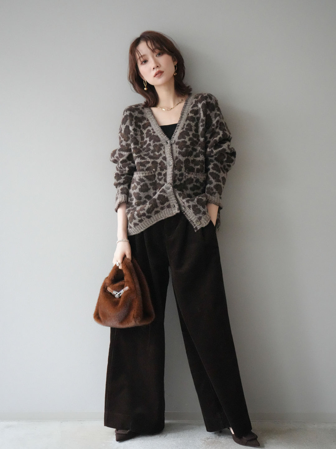 [予約]ベルト付コーデュロイワイドパンツ/brown