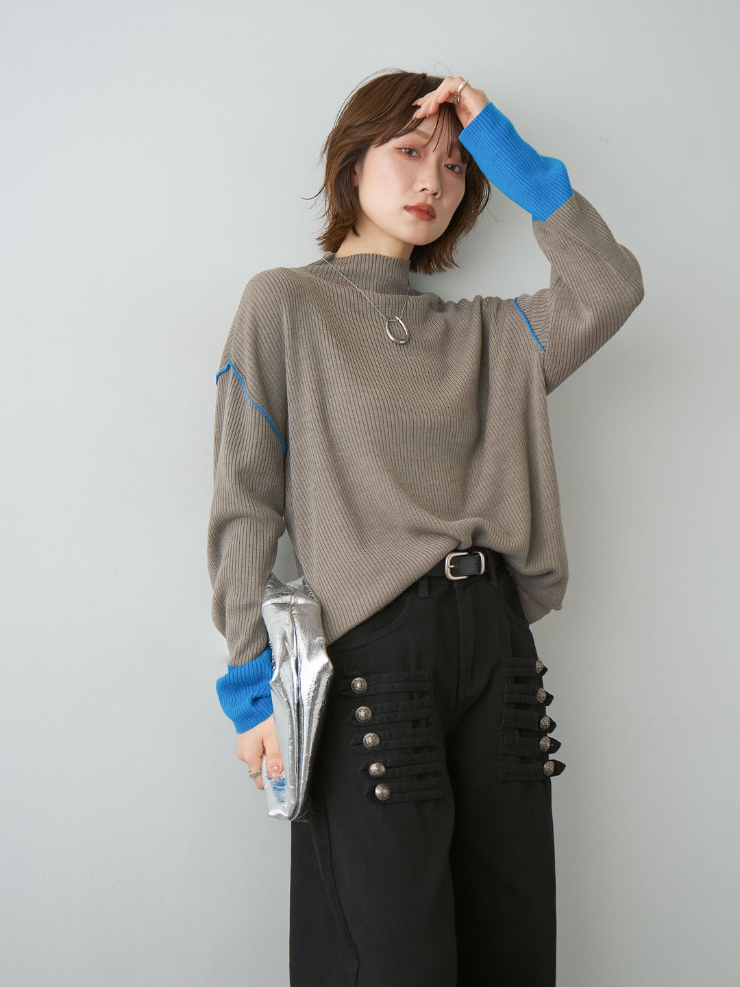 [予約]バイカラーモックネックリブニットトップス/mossgray