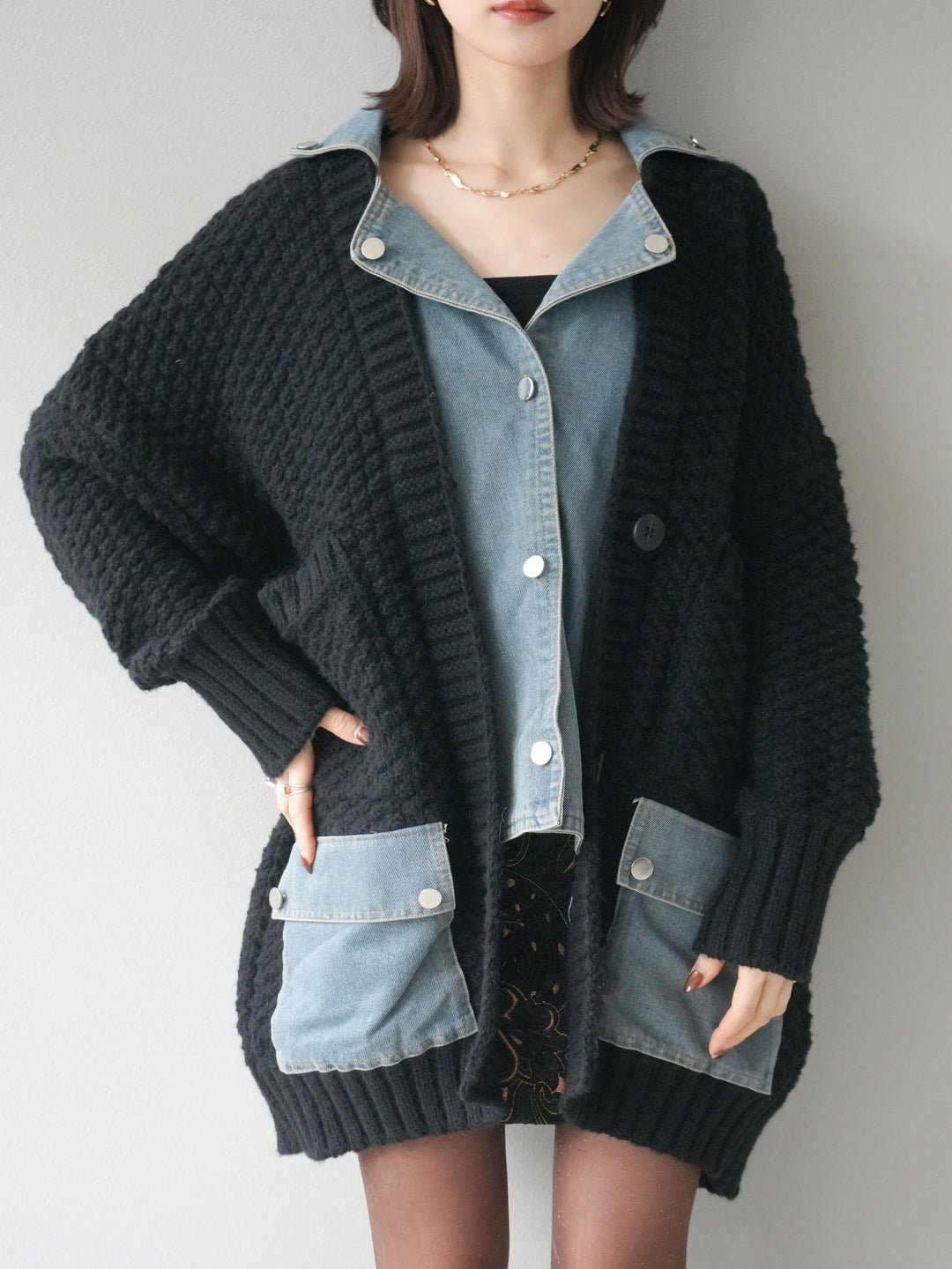 [予約]デニム襟レイヤードニットジャケット/black