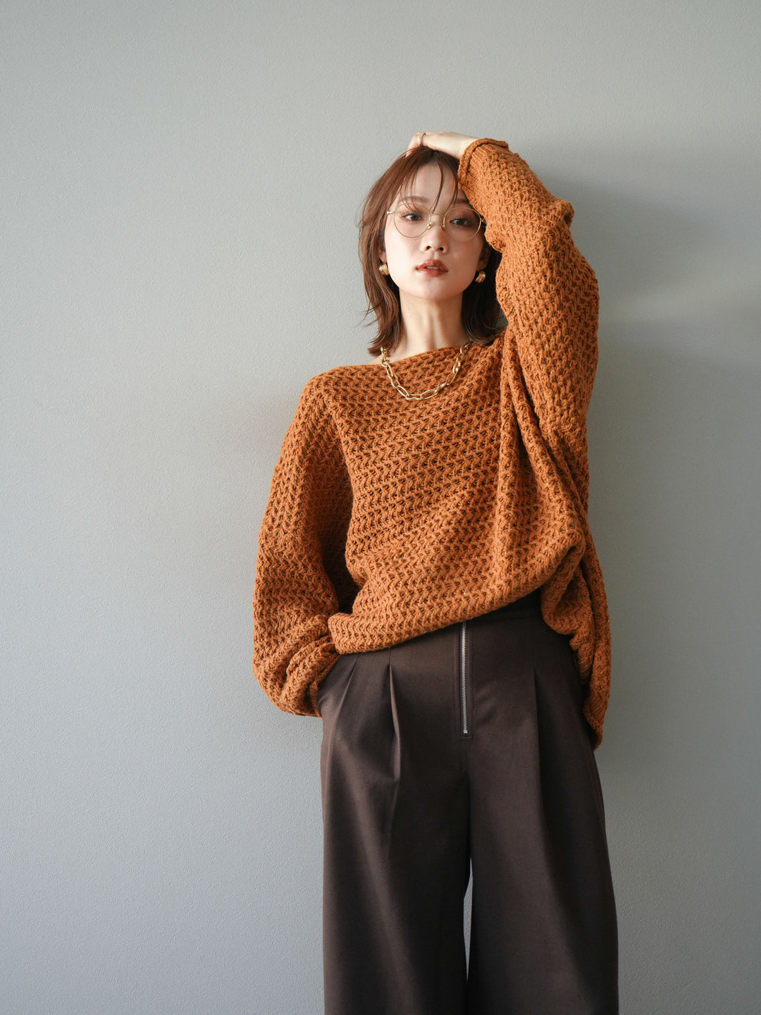[予約]ネップ透かし編みオーバーニット/camel
