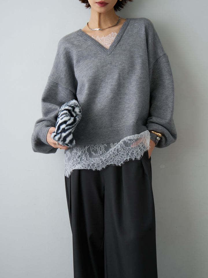 [予約]アルパカタッチレースドッキングVネックニットトップス/mokugray