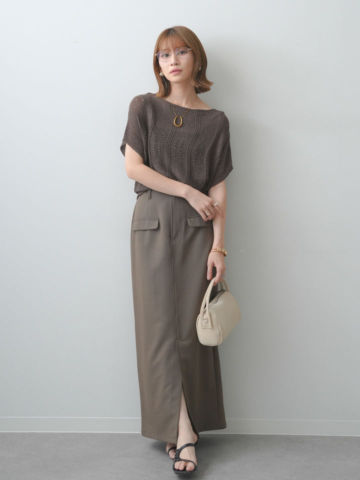 [SET]アイレットサマーニットトップス+クレープデシンフラップ付きストレートスカート(2set)