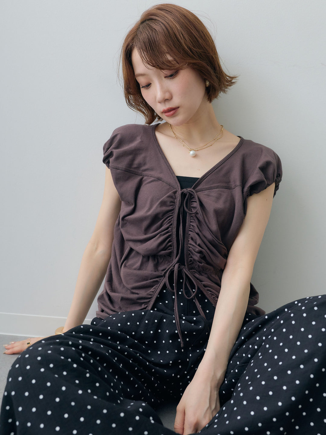 [予約]フレンチスリーブフロントリボンギャザートップス/brown