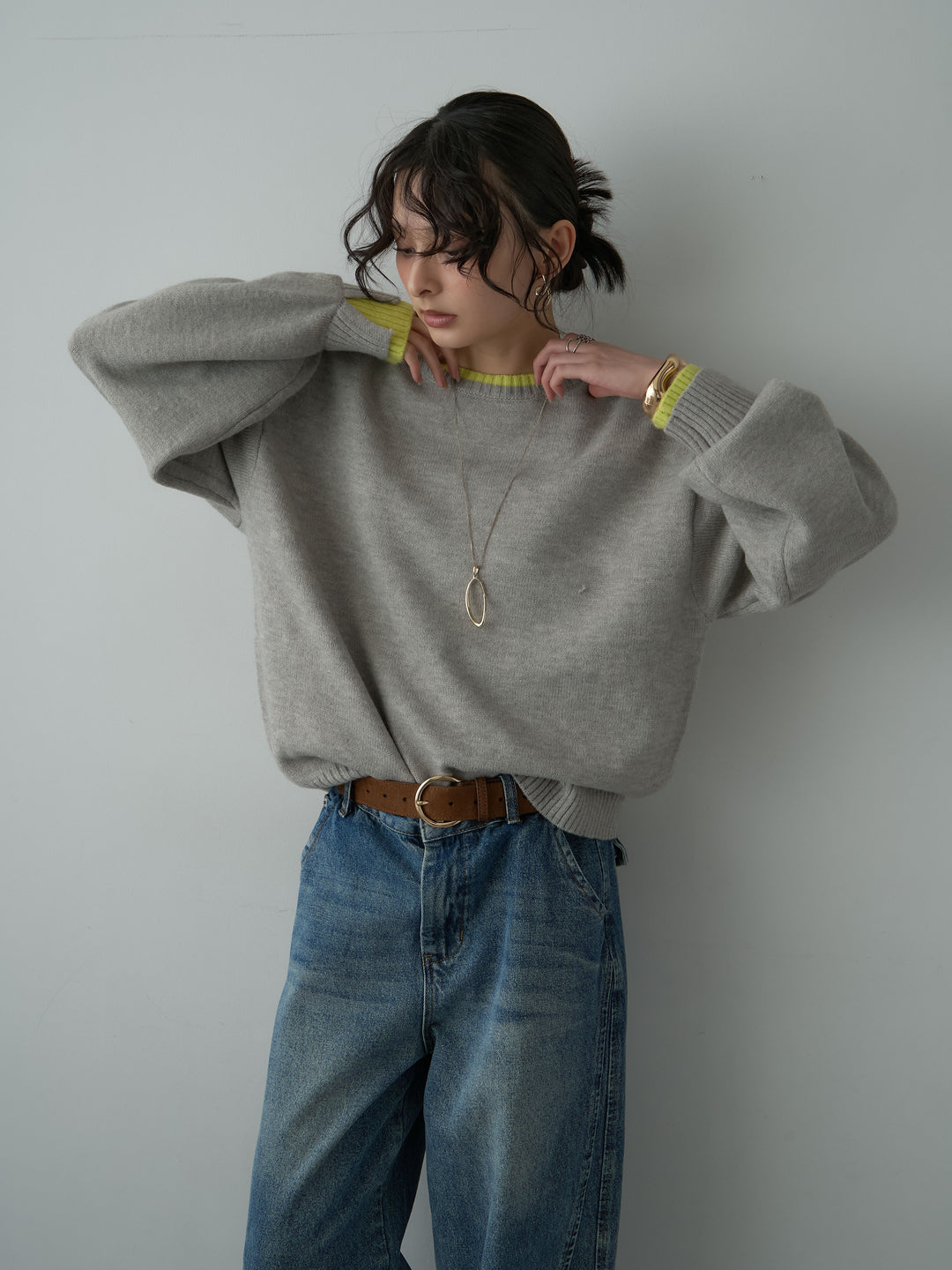 [予約]バイカラーカフスレイヤードニットプルオーバー/gray