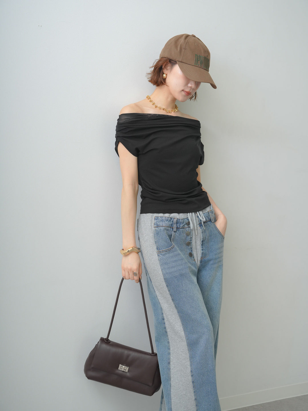 [予約]ネックチュールドレープアシメトップス/black