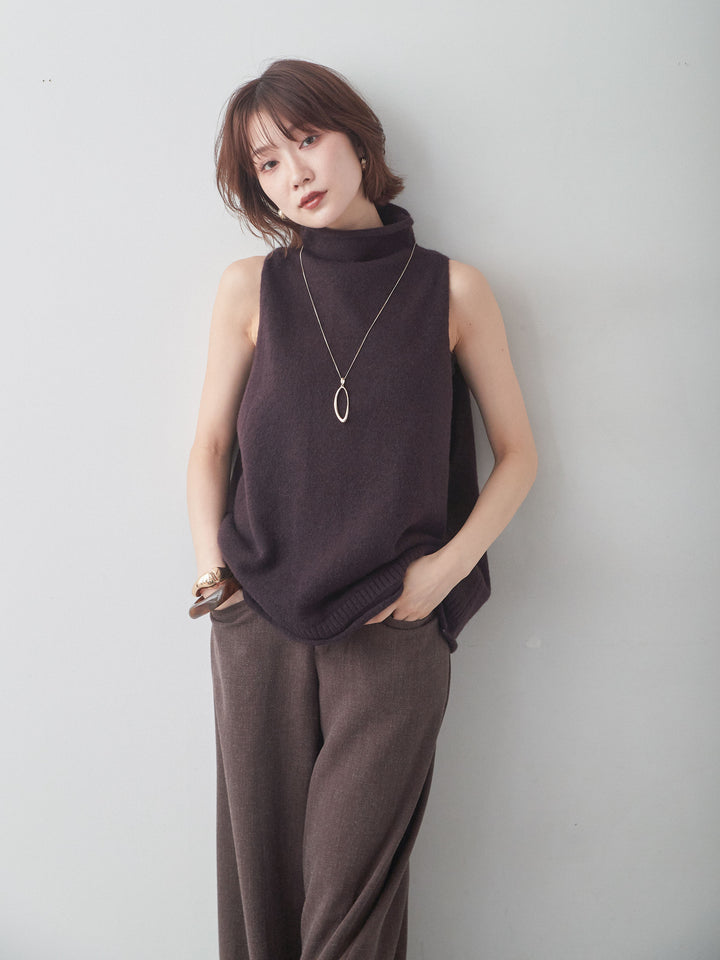 [SET]ハイネックアメスリワイドニットベスト+ベルト付ポケットデザインワイドストレートパンツ(2set)