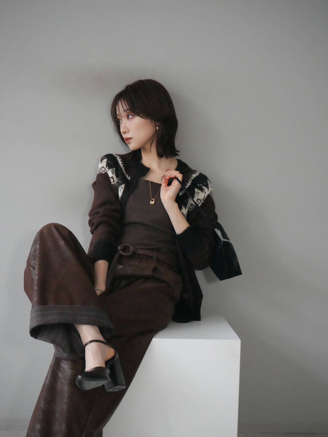 [予約]ノルディック柄ニットカーディガン/brown