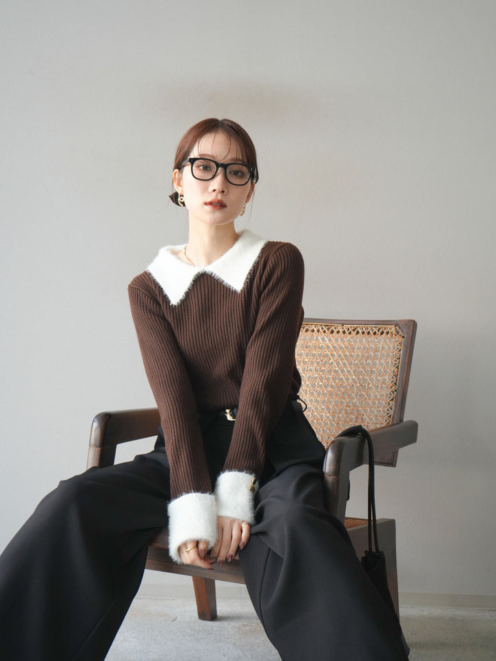 [SET]シャギー襟リブニットトップス+ベルトループデザインワイドパンツ(2set)