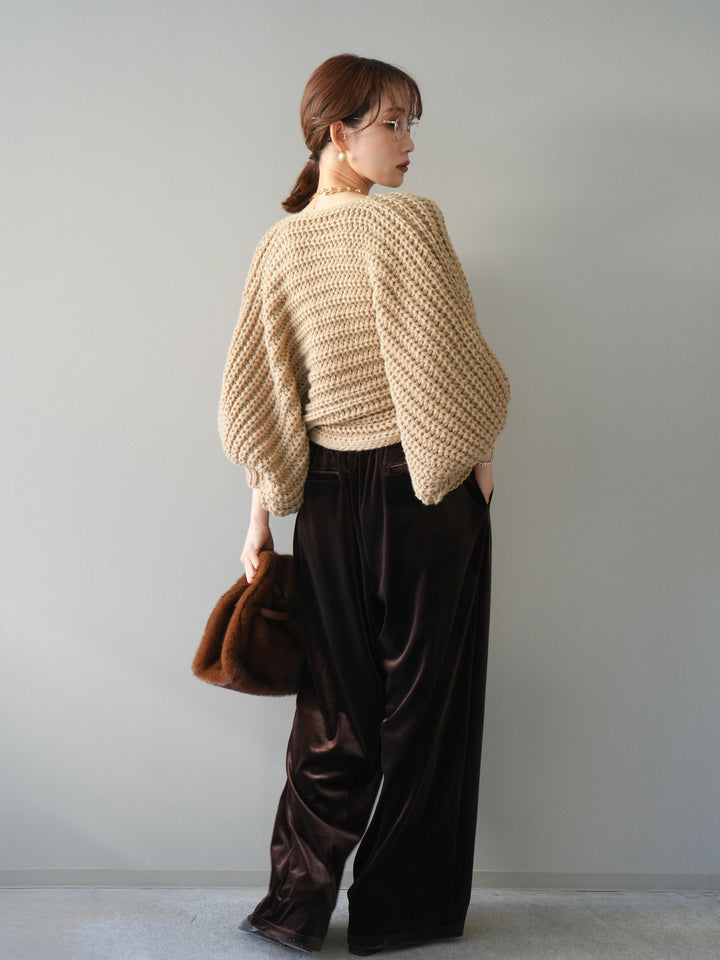 [SET]ローゲージ畦編みドルマンニットボレロ+ベロアベルトスリムパンツ(2set)