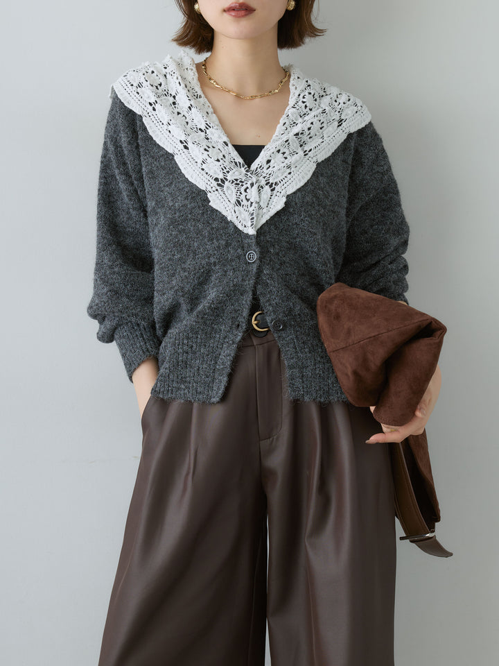 [SET]モヘアレースショールカラーカーディガン+サテンタックワイドパンツ(2set)