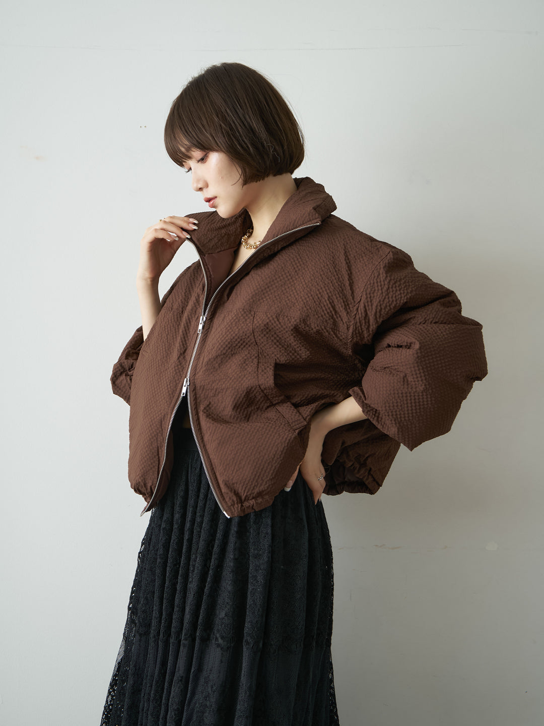 [予約]スタンドカラーショートパフジャケット/brown
