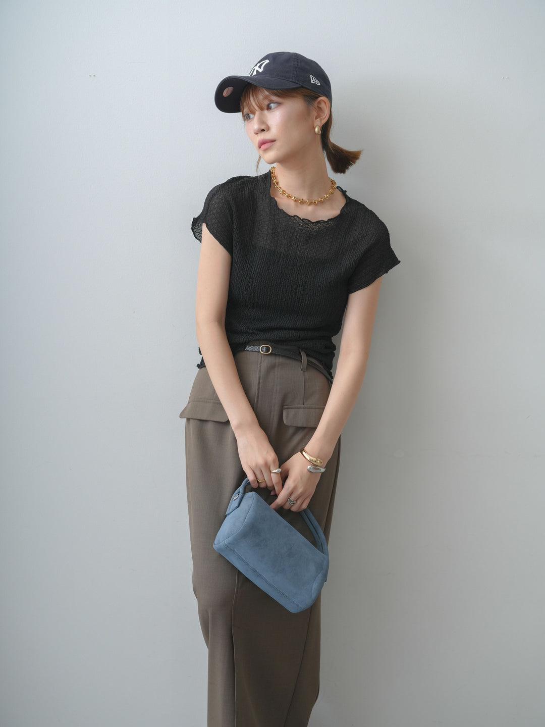 [SET]シャーリングシアーバックオープンフレンチトップス+クレープデシンフラップ付きストレートスカート(2set)