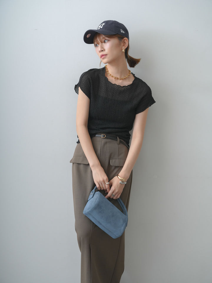 [SET]シャーリングシアーバックオープンフレンチトップス+クレープデシンフラップ付きストレートスカート(2set)