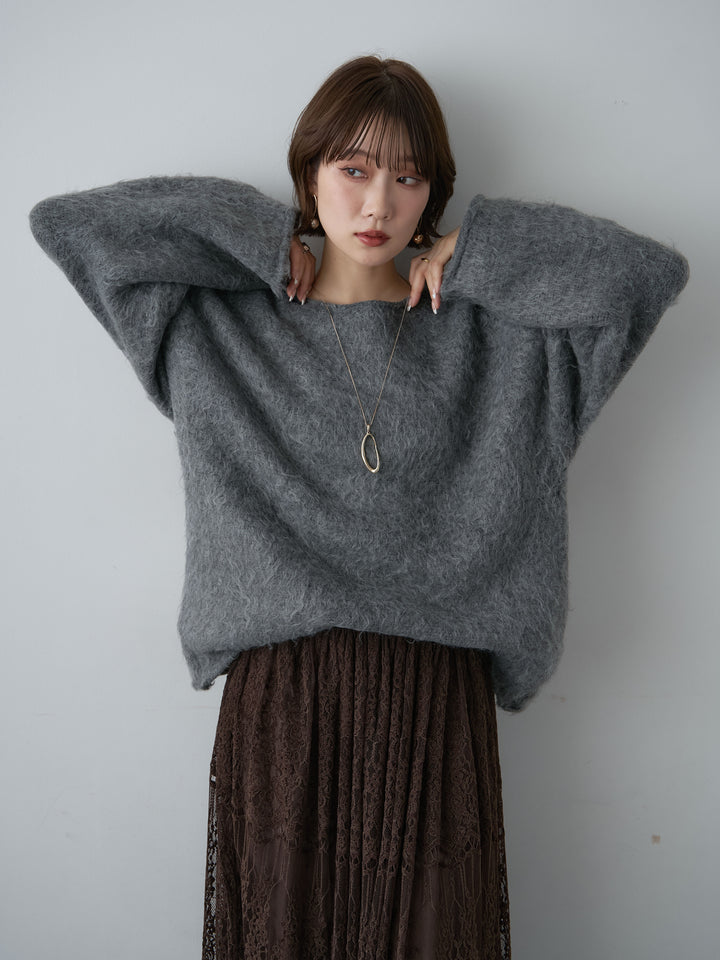[予約]ボートネックシャギーオーバーニットトップス/darkgray