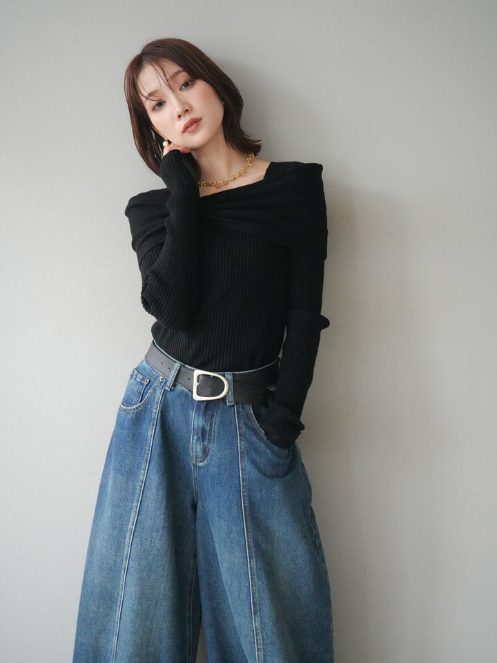 [予約]リボンモチーフオフショルリブニットトップス/black