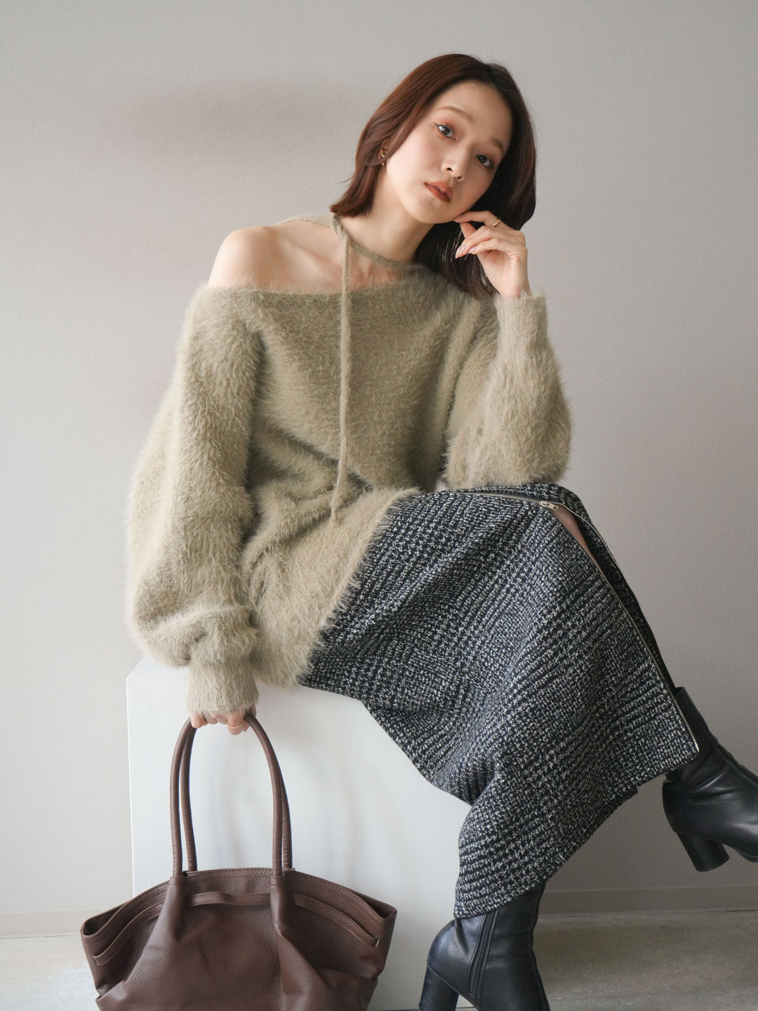 [予約]紐付きシャギーニットプルオーバー/beige