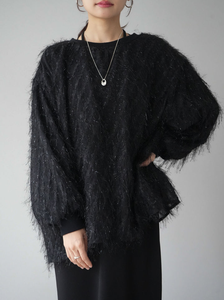 【預購】流蘇薄紗多層抓絨套頭衫/黑