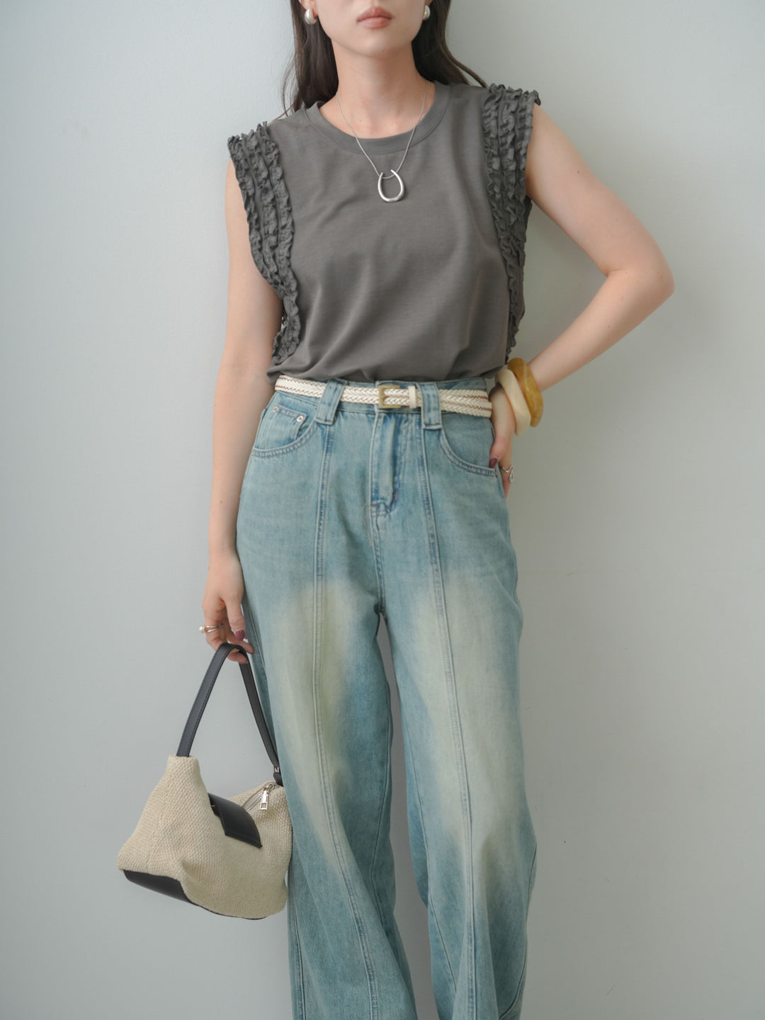 [SET]ホイップフリルフレンチTEE+センターラインワイドストレートデニム(2set)