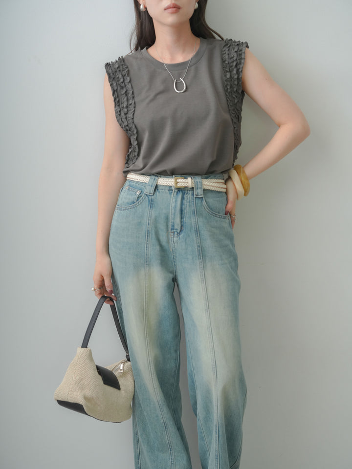 [SET]ホイップフリルフレンチTEE+センターラインワイドストレートデニム(2set)