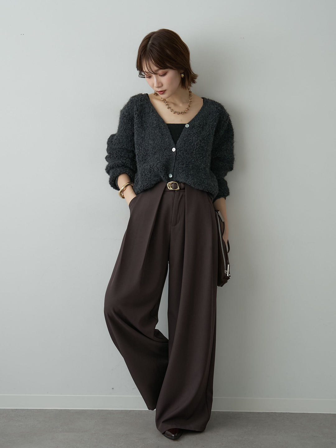 [SET]ブークレクロップニットカーディガン+ベルトループデザインワイドパンツ(2set)