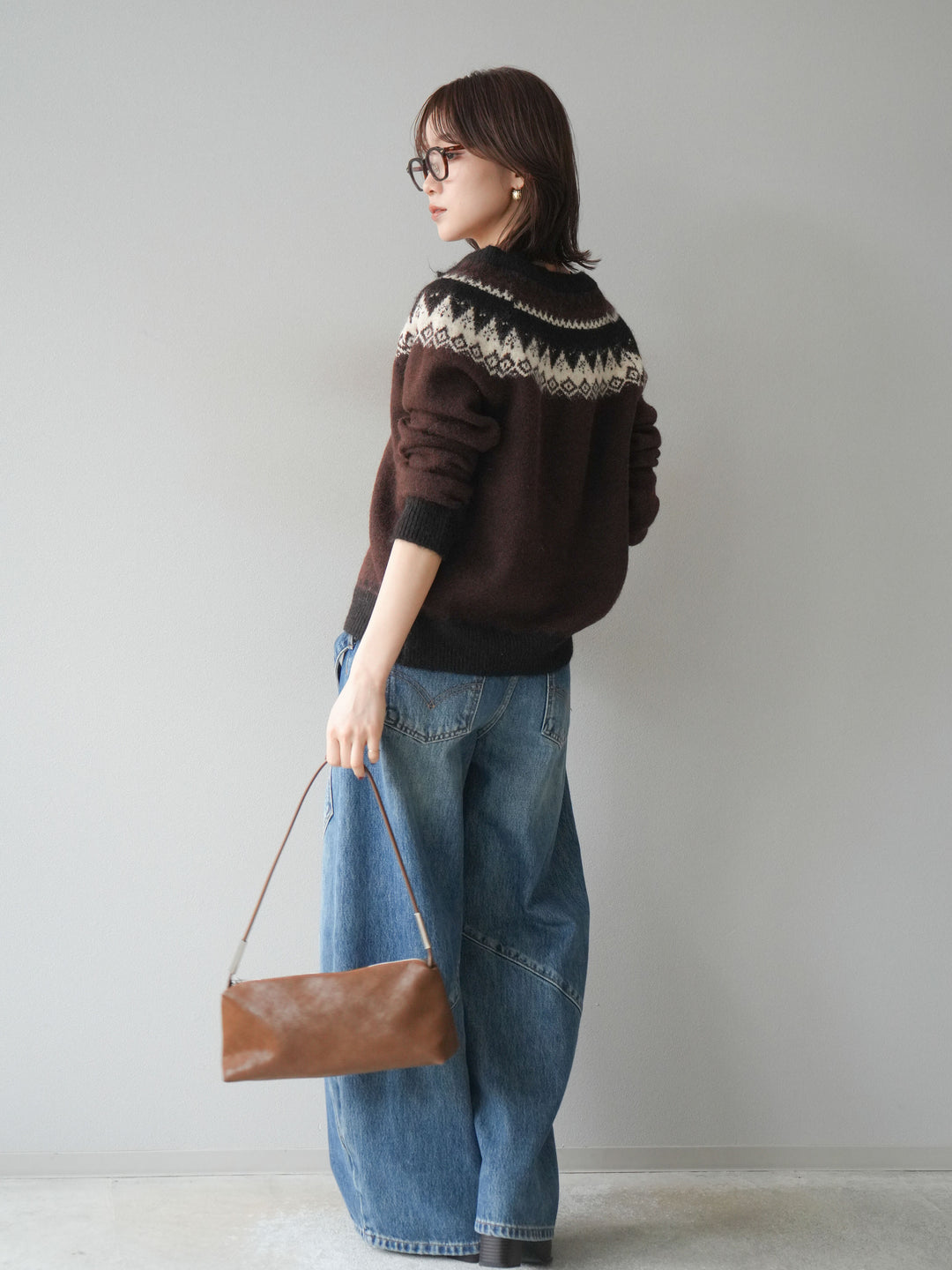 [SET]ノルディック柄ニットカーディガン+ペインターカーブデニムパンツ(2set)