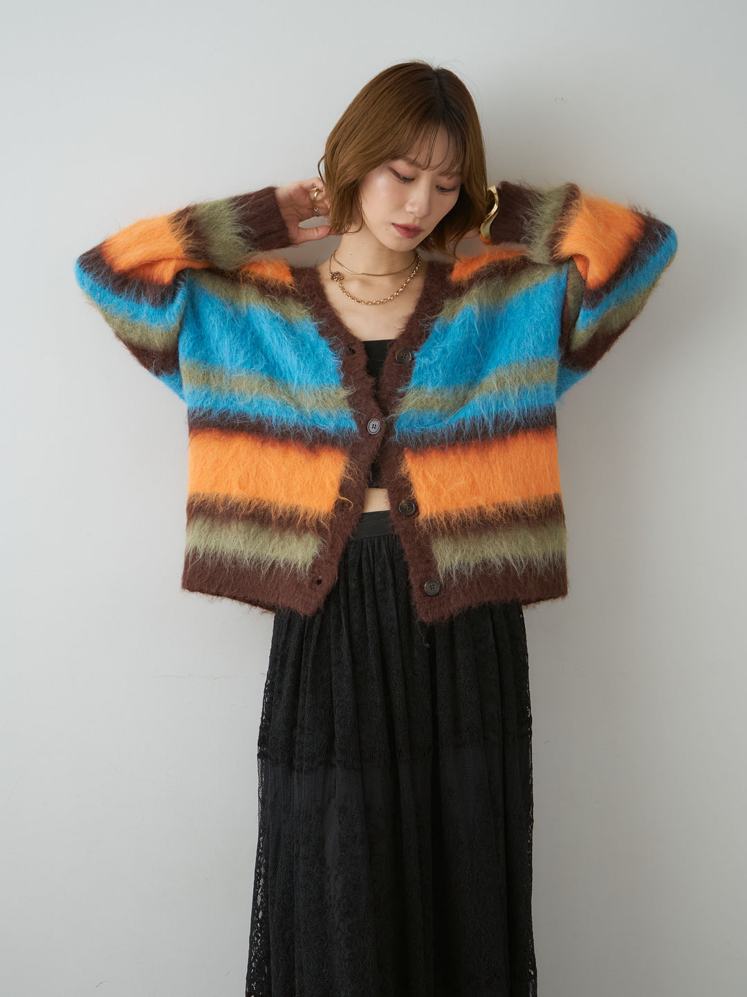[SET]カラフルシャギーボーダーカーディガン+選べるアクセセット(2set)
