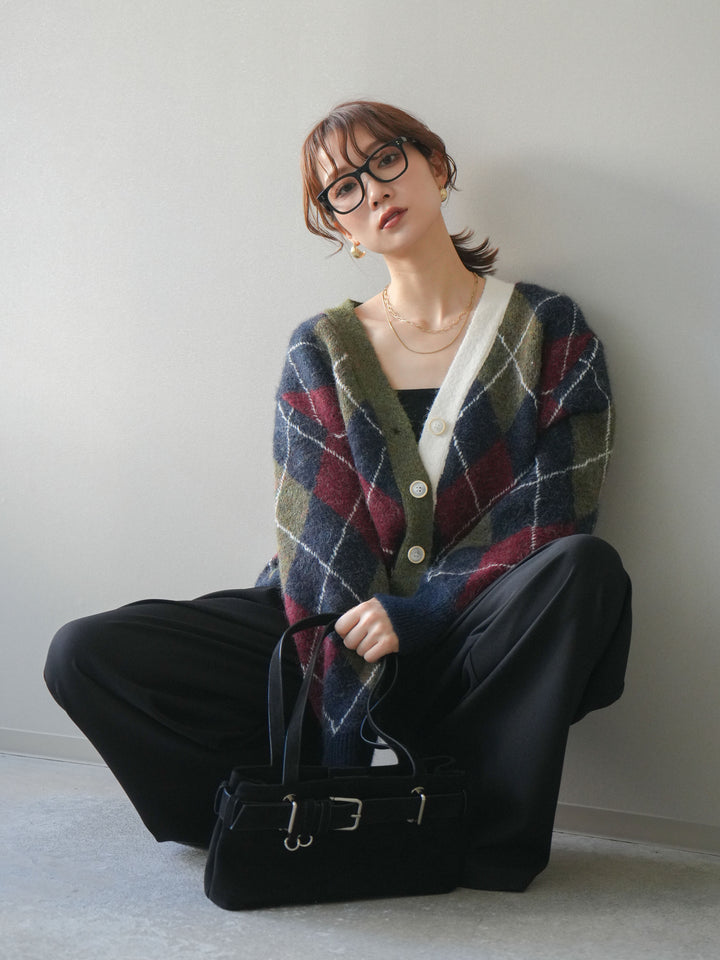 [予約]配色アーガイル柄ニットカーディガン/green