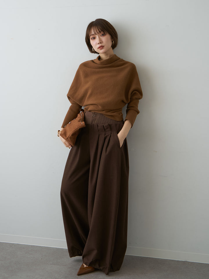 [SET]ハイネックサイドボタンギャザーニットトップス+ウエストデザインドロストワイドパンツ(2set)