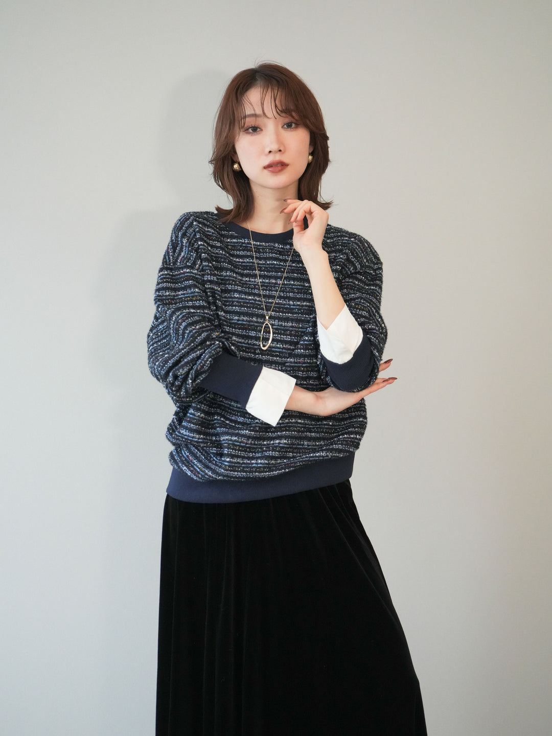 [予約]MIXツイードライクカフスドッキングプルオーバー/blue