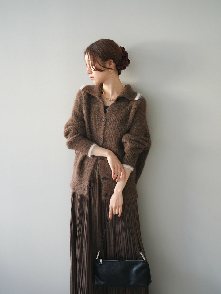 [予約]襟付きバイカラーミックスニットカーディガン/brown