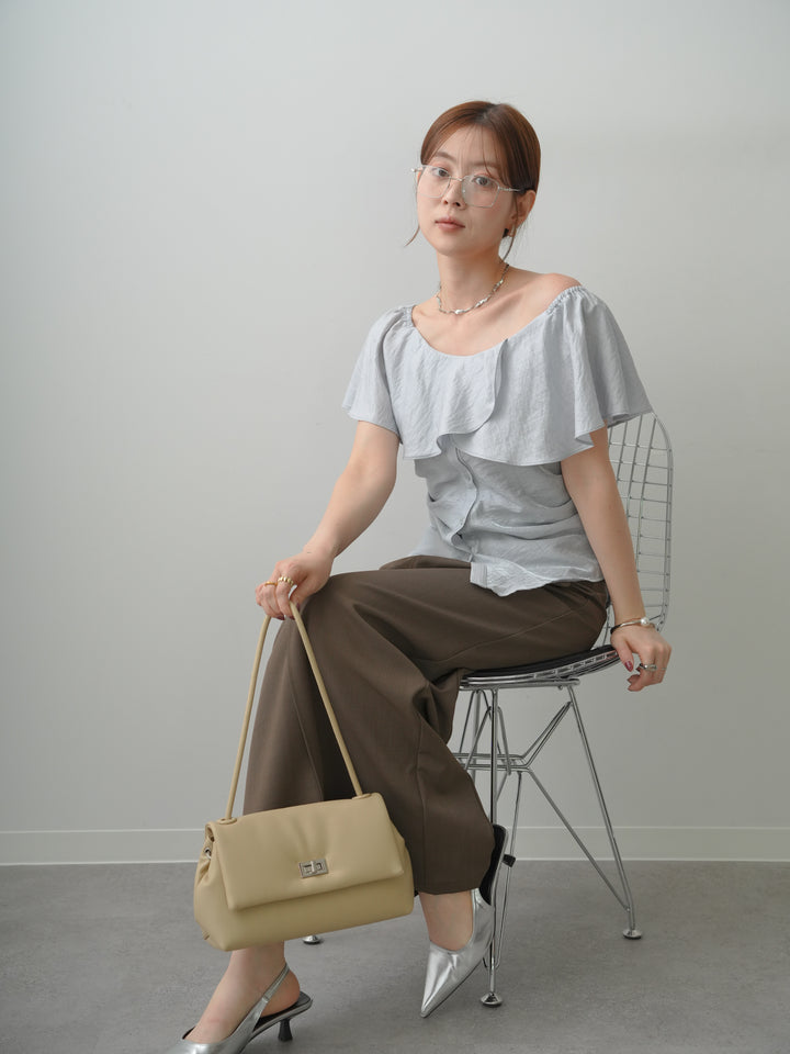 [SET]ラッフルオフショルブラウス+クレープデシンフラップ付きストレートスカート(2set)